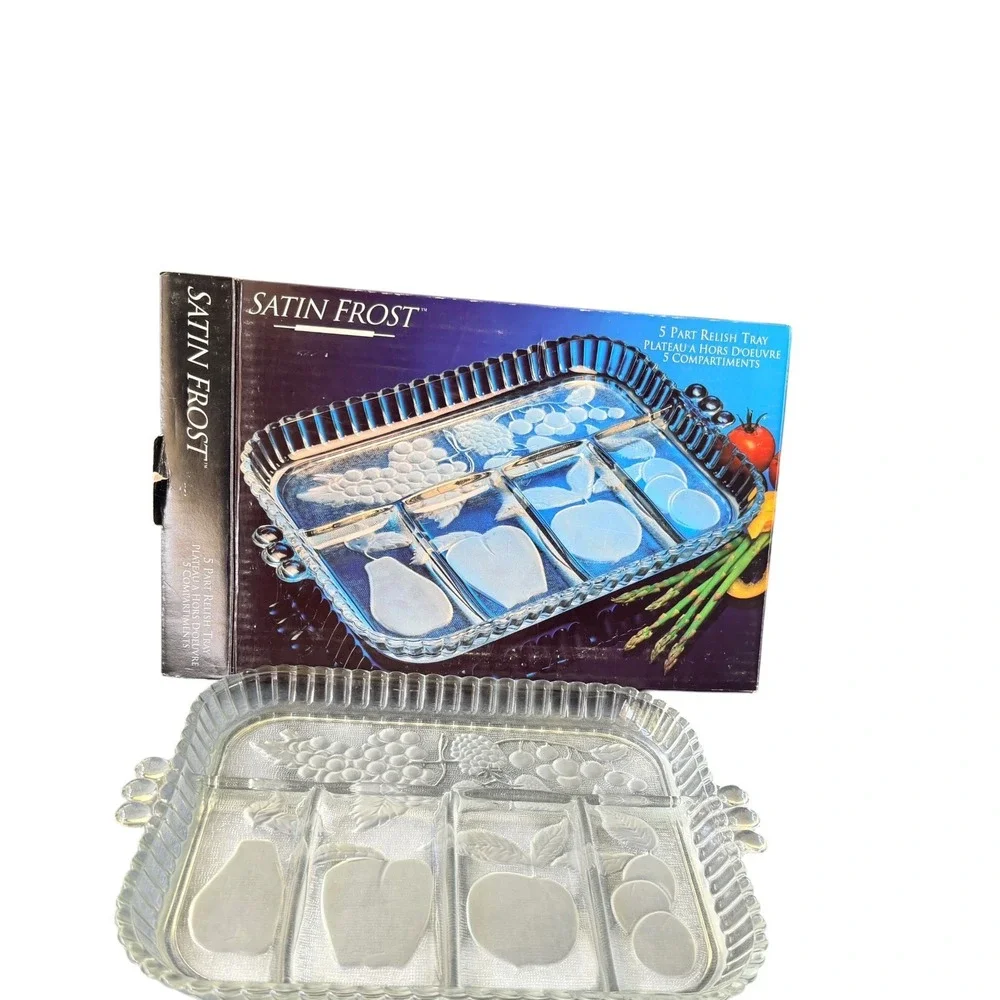 Satin Frost Relish Tray Glass 12x9 Clear Excellent 5 Compartment Fruit Embossed